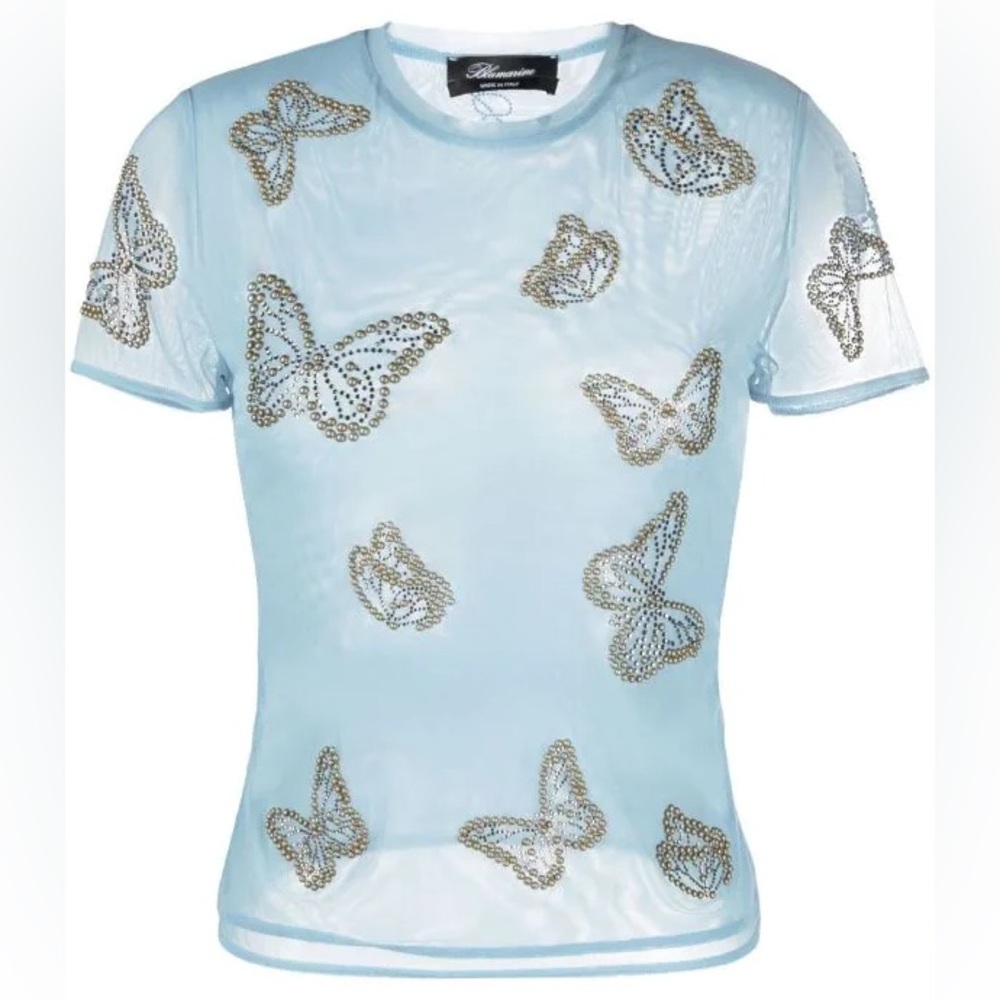 Blumarine Butterfly-Studded Semi-Sheer Top